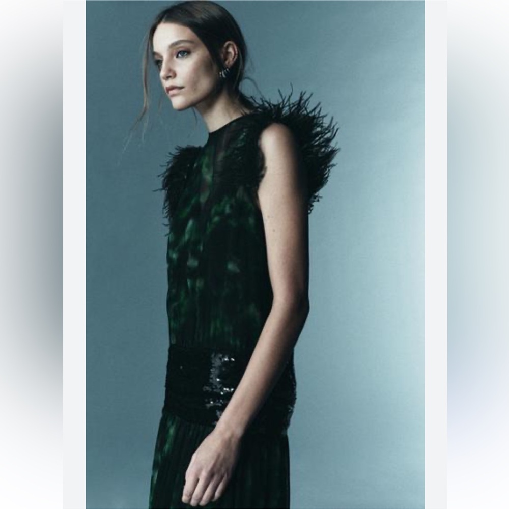 Zara Limited Combination Printed Maxi Dress Green Feather Sequin Evening Med NWT - Picture 5 of 17